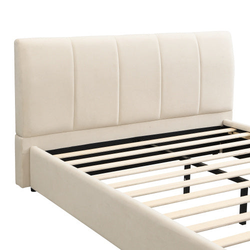 UK Local Upholstered Bed, For Adults And Teenagers, 4ft6 Double Bed 135x190cm, Durable And Sturdy, Soft Headboard, MDF  Velvet  Plywood, White