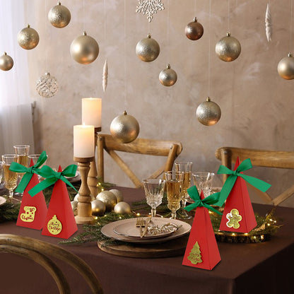 US Local 20 Packs Christmas Treat Boxes Goody Boxes Pre-Assembled Triangle Christmas Packing Box Christmas Tree Socks Gold Card Xtmas Cookie Gift Box For Christmas Birthday Wedding Party