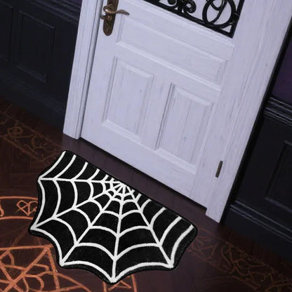 US Local 15.7 X 23.6 Inch Halloween Decor Spider Web Bath Mat For Bathroom, Gothic Cute Halloween Decoration Black White Half Circle Bath Mat Non Slip Cashmere Bath Rug Bathroom Mat Plush Shower Rugs