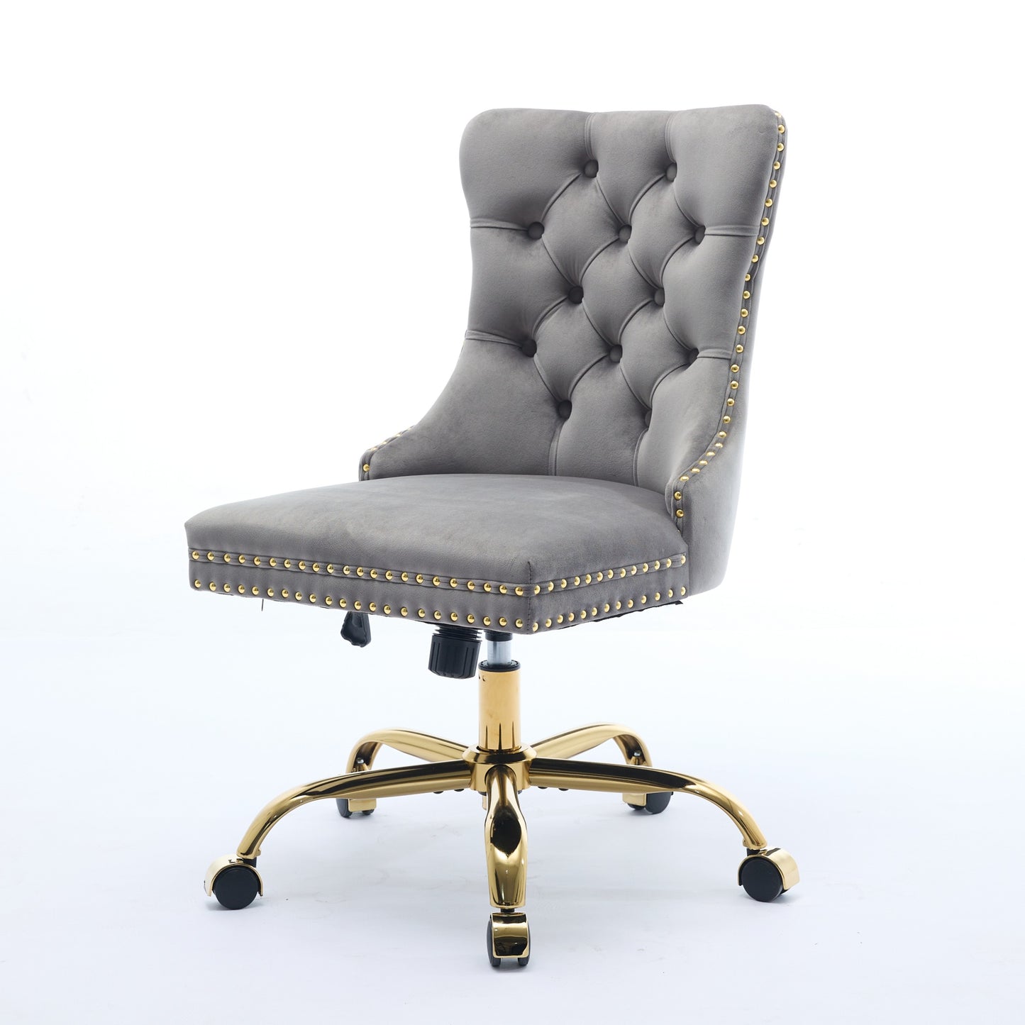 US Local A&A Furniture Office Chair,Modern Velvet Upholstered Tufted Button Home Office Chair With Golden Metal Base,Adjustable Desk Chair Swivel Office Chair Gray