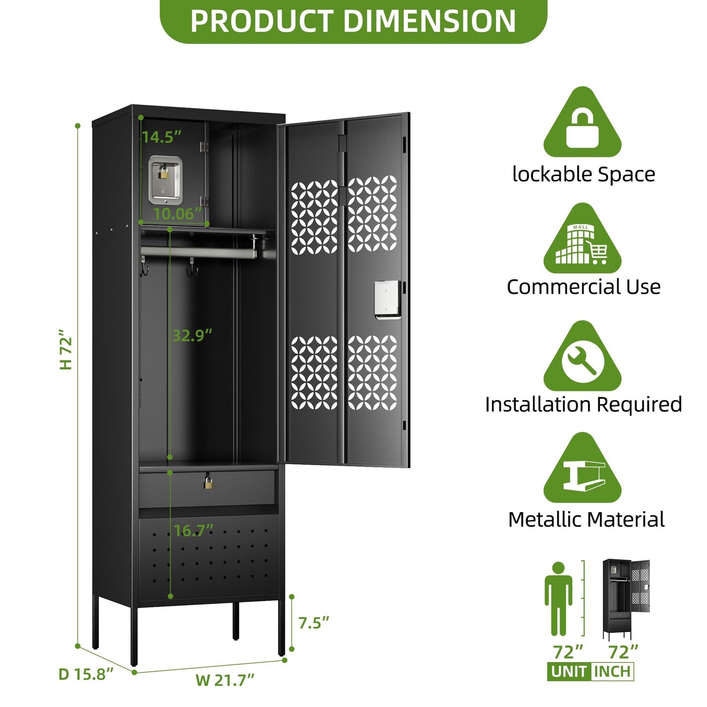 US Local 1 Door Metal Locker With Hanging Rod,Metal Storage Locker With Mesh,Suitable For Gym,Basketball Gym,Gymnasiums,Utility Room,Assembly Required,Black