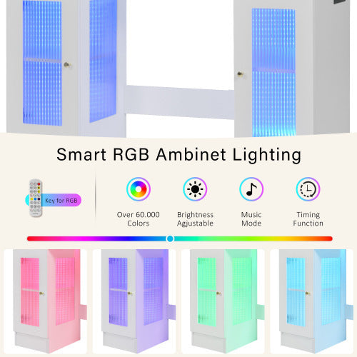 US Local 43.3 Vanity Desk With Large Mirror And Hollywood Bulbs, Modern Glass Top Makeup Vanity With Drawers And Power Outlet, Large Dressing Table With 3 Color Lighting Modes & RGB Cabinets For Bedroom