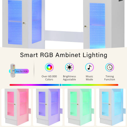 US Local 43.3 Vanity Desk With Large Mirror And Hollywood Bulbs, Modern Glass Top Makeup Vanity With Drawers And Power Outlet, Large Dressing Table With 3 Color Lighting Modes & RGB Cabinets For Bedroom