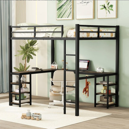 US Local Full Metal Loft Bed With Desk And Shelves, Loft Bed With Ladder And Guardrails, Loft Bed Frame For Bedroom
