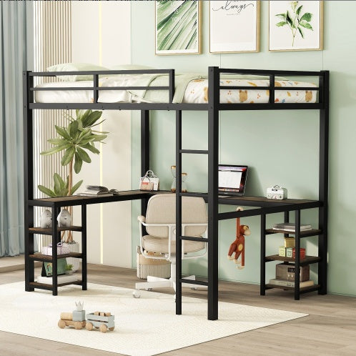 US Local Full Metal Loft Bed With Desk And Shelves, Loft Bed With Ladder And Guardrails, Loft Bed Frame For Bedroom