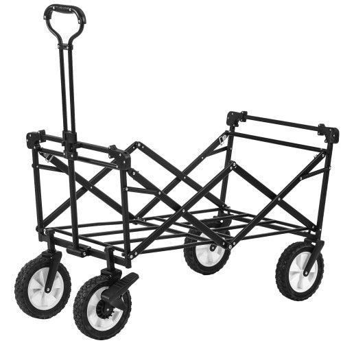 UK Local Garden Cart With Romovable Canopy, Foldable Trolley Wagon 4 Wheels Front Cup Holder Cooler Bag Push Pull Handle Hand Truck Black
