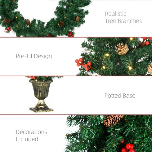 US Local HOMCOM Prelit Holiday Christmas 4-Piece Set, Garland Wreath And Set Of 2 Entrance Trees With Warm White LED Lights, Red Berries, Pine Cones, Green