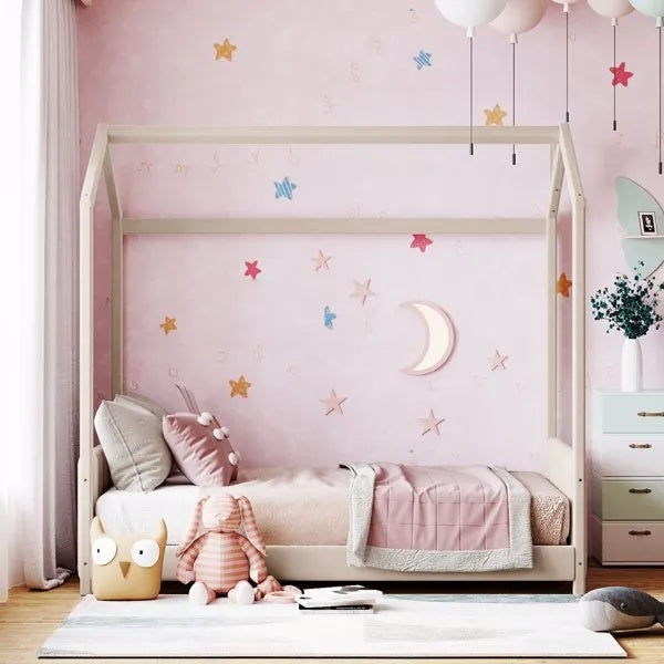 US Local Twin Size Velvet House Bed Wood Bed, Beige