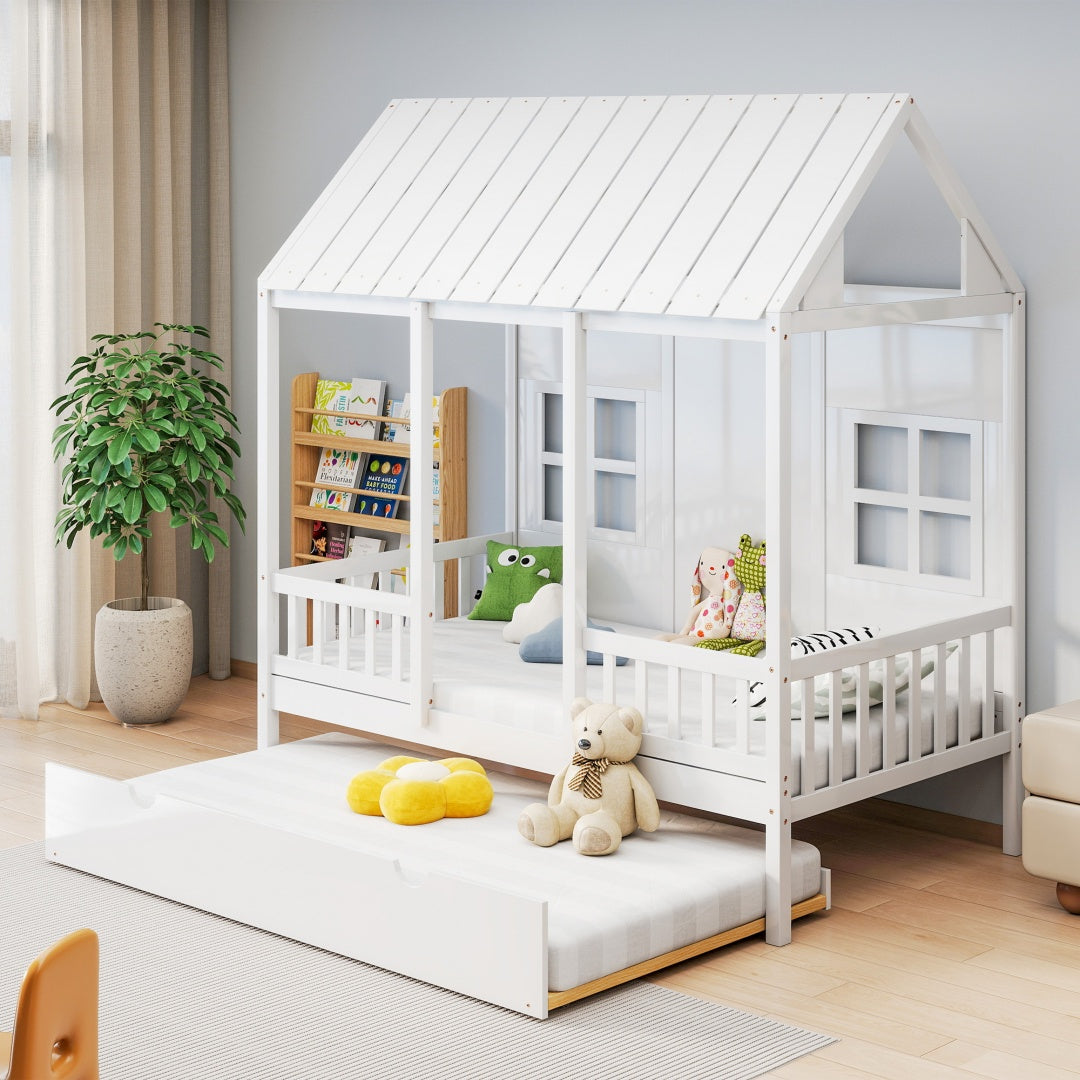 US Local Twin House Bed With Trundle, 77.95'' Wooden Playhouse Bed Frame For Kids With Safety Rails & Window--A-B Combo Sale, Please Do Not Purchase Individually