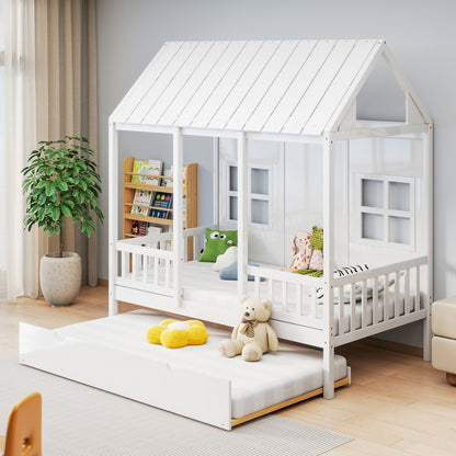 US Local Twin House Bed With Trundle, 77.95'' Wooden Playhouse Bed Frame For Kids With Safety Rails & Window--A-B Combo Sale, Please Do Not Purchase Individually