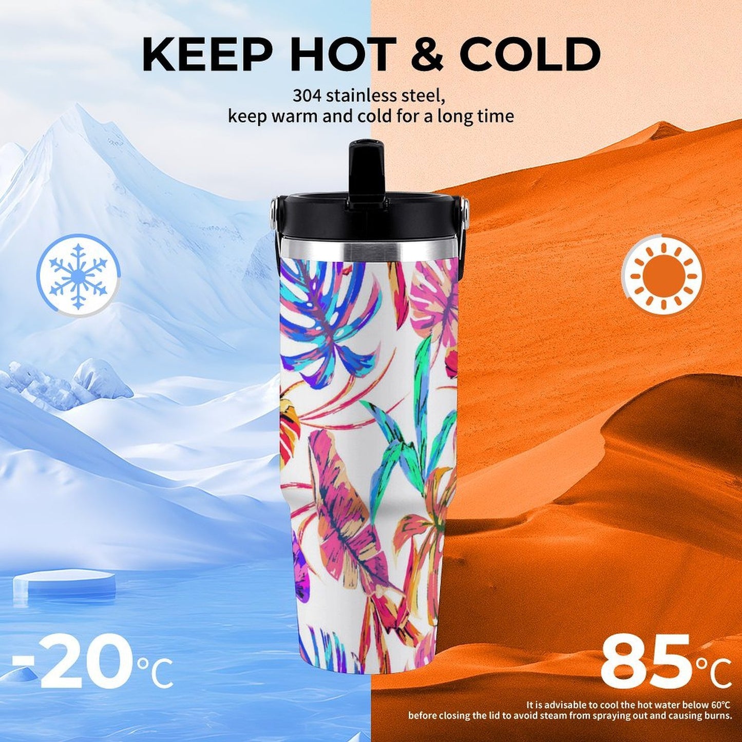 POD US Local Tumbler 30oz Large Capacity Car Cup Monstera, Summer, Dazzling, Tropical Style