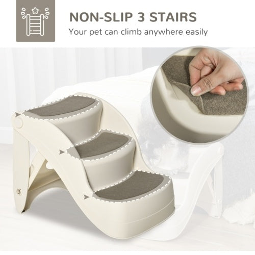 UK Local PawHut Foldable Pet Stairs Portable Dog Steps 3-Step Design With Non-slip Mats For High Beds, Sofas, 49 X 38 X 38 Cm, Cream