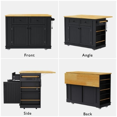 US Local Large Kitchen Island With 2 Bar Stools, Power Outlet, Door Internal Storage Rack, Kitchen Storage Cart On 5 Wheels With Drop Leaf, 5 Open Side Racks, 2 Drawers,for Kitchen,Dining Room