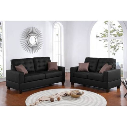 US Local Living Room Furniture 2pc Sofa Set Black Faux Leather Tufted Sofa Loveseat W Pillows Cushion Couch