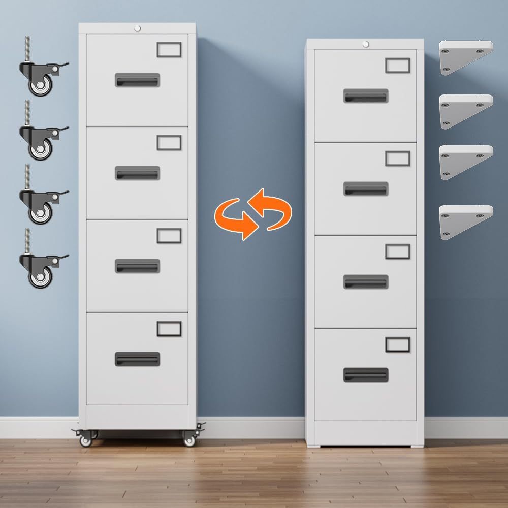 US Local METAN 4 Drawer Vertical File Cabinet On Wheels, Lockable Office Files Storage Cabinet With Handle And Name Card,Mobile Storage Cabinet For Office And Home,Assembly Required,White