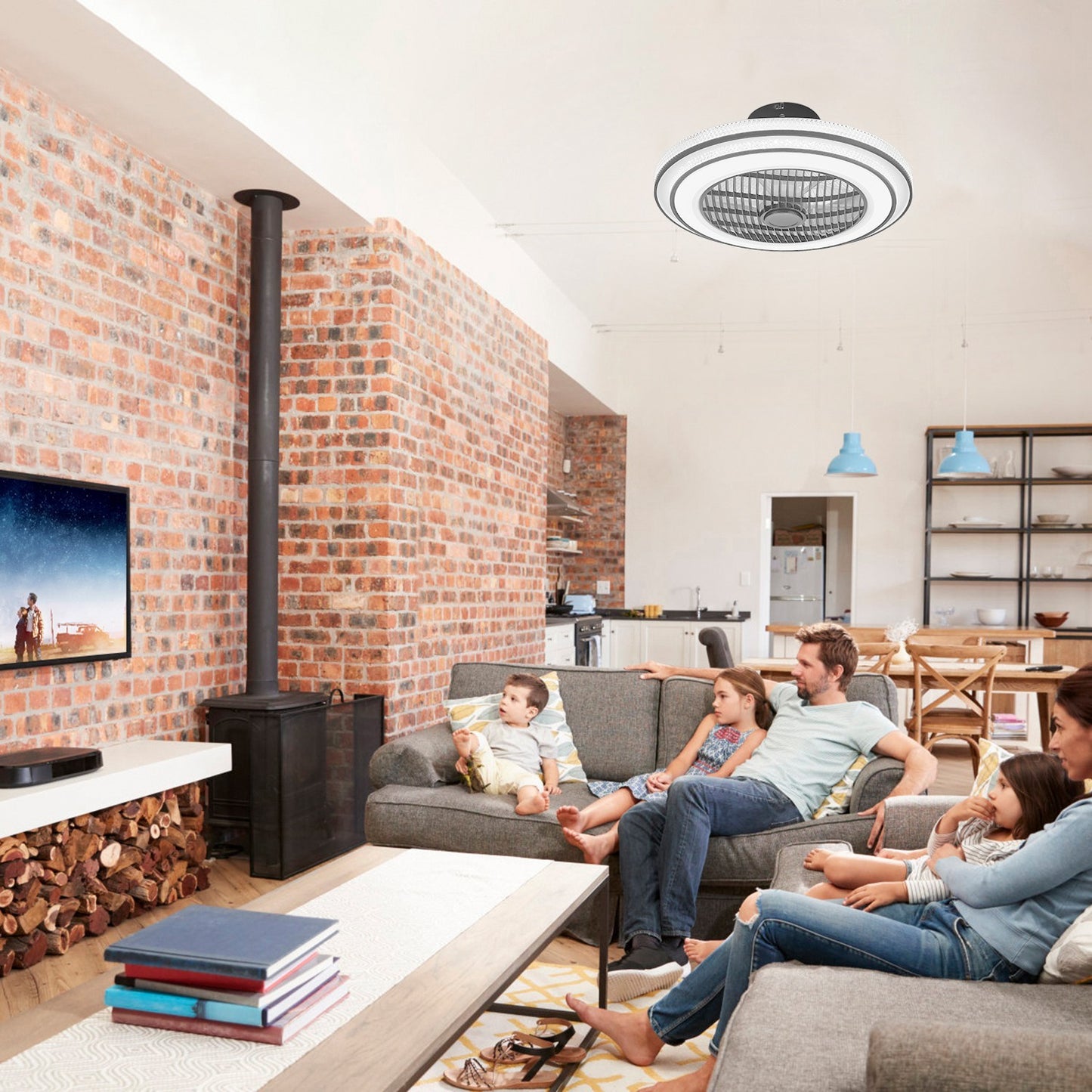 US Local 20.5in Ceiling Fan With Light Round Pendant Fan Lamp 30W LED Ceiling Fan With 3-Fan Speed Remote Control Timer APP Control