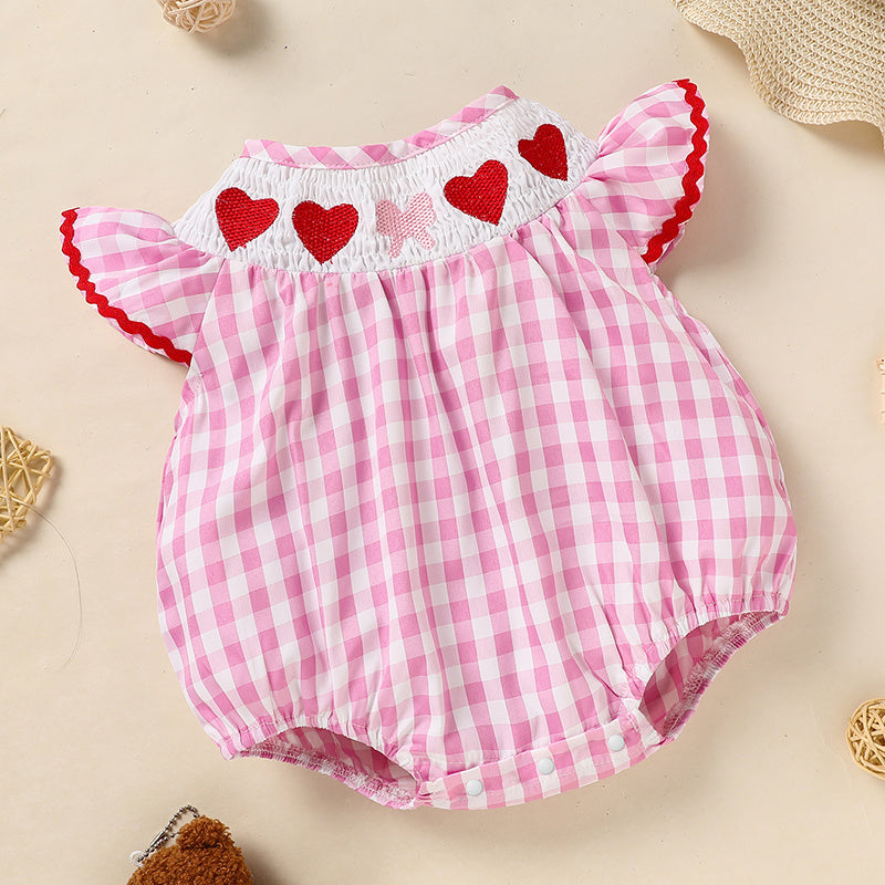 US Local Newborn Baby Girls' Valentine's Day Smocked Romper Ruffle Sleeve Plaid Heart Embroidery Jumpsuit Casual Cute Romper