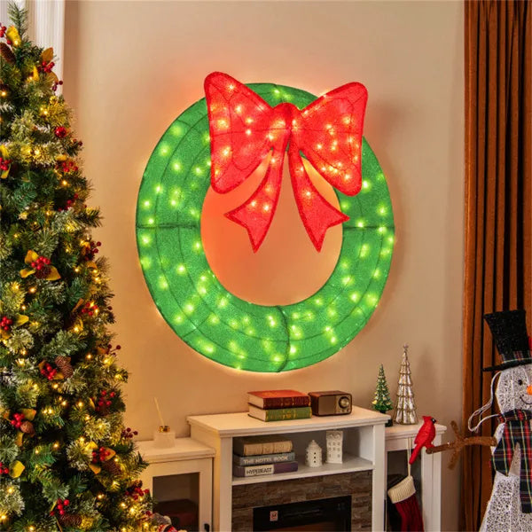 Pre-Lit Christmas Wreath - 200 LED Lights  Warm White Red , Large Bow , IP44 Weatherproof For Indoor Outdoor