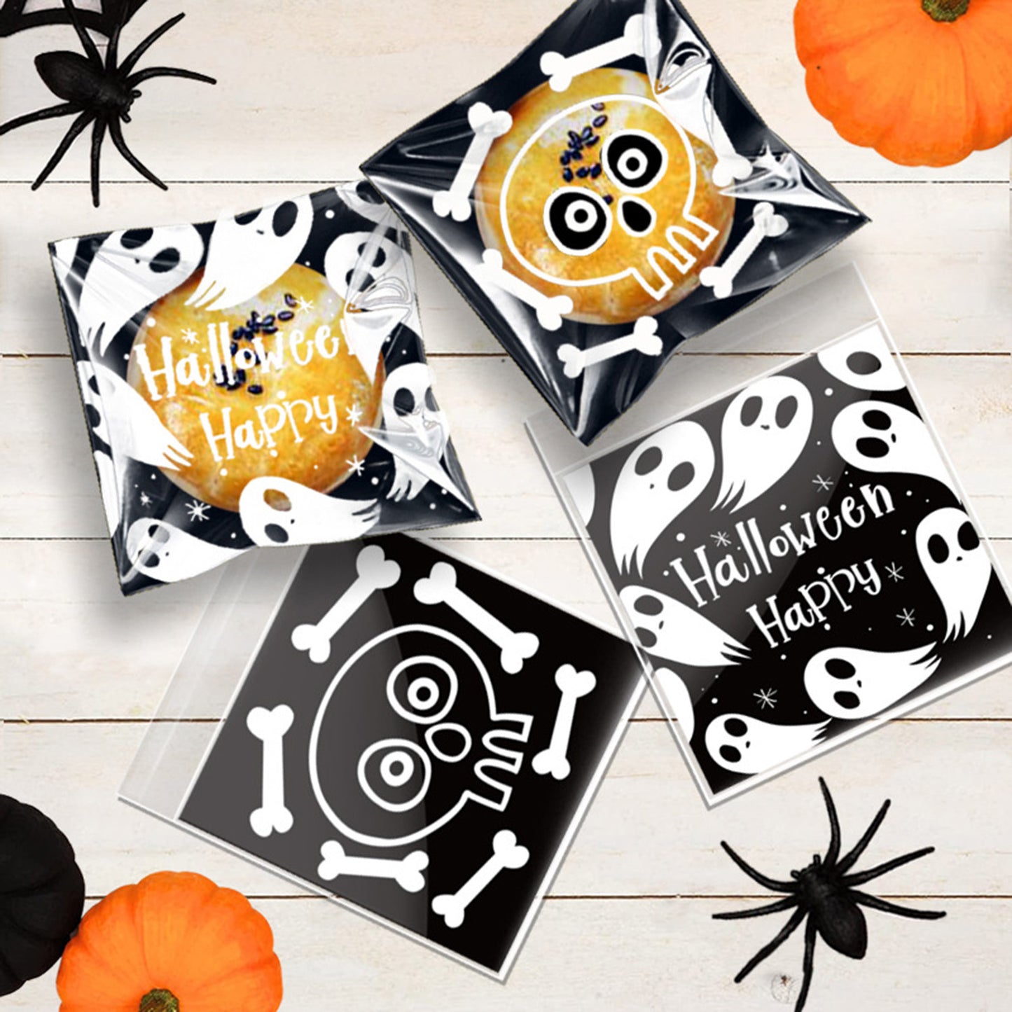 US Local 450 Pcs Halloween Cellophane Treat Bags Self-sealing Clear Candy Cookie Bags Pumpkin Ghost Black Cat Skull Trick Or Treat Bags For Halloween Birthday Trick Or Treat Party Favors Supplies
