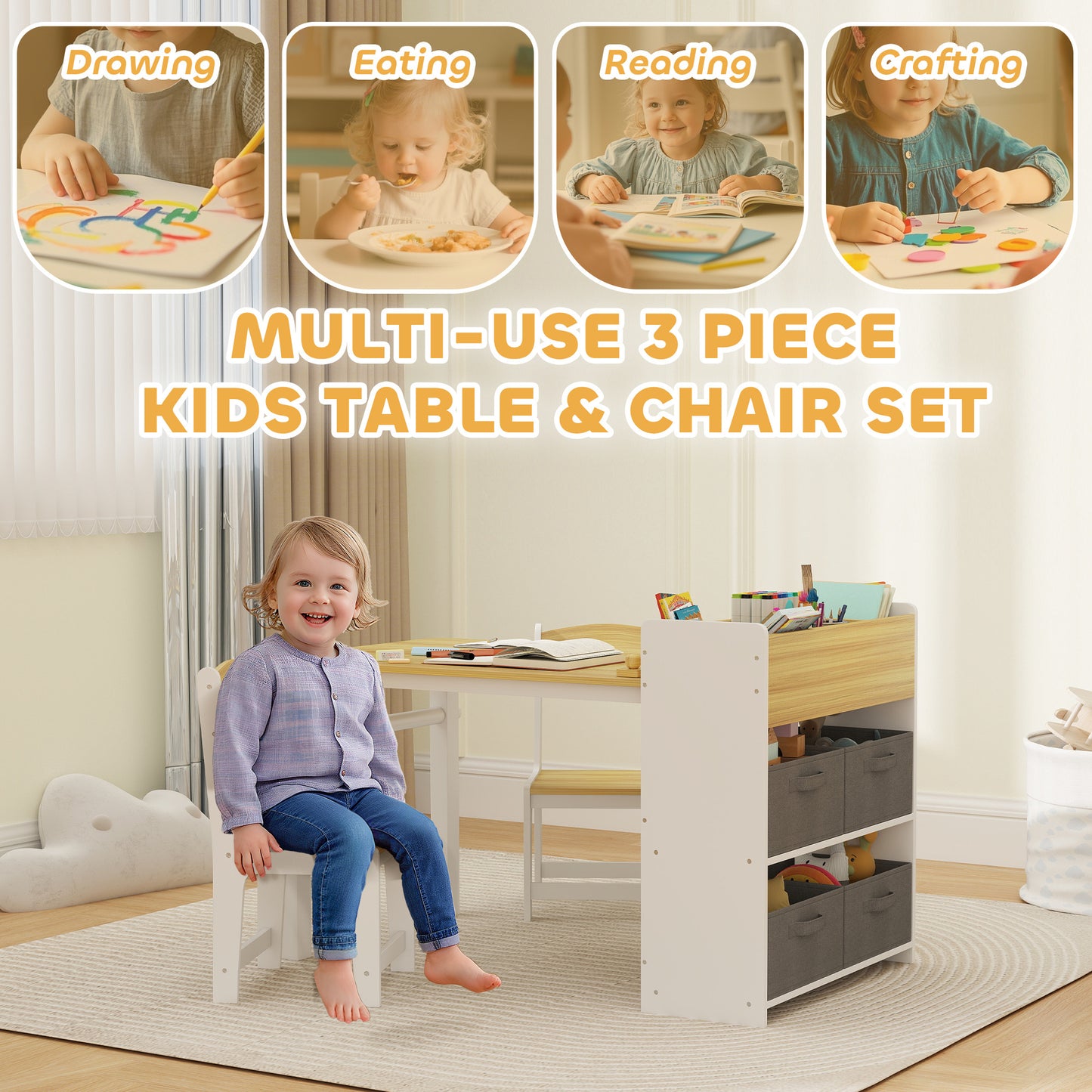 US Local Desk And Chair Set With Paper Roll, Kids Activity Craft Table With Storage Shelves And Drawers, Natural Wood