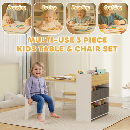 US Local Desk And Chair Set With Paper Roll, Kids Activity Craft Table With Storage Shelves And Drawers, Natural Wood