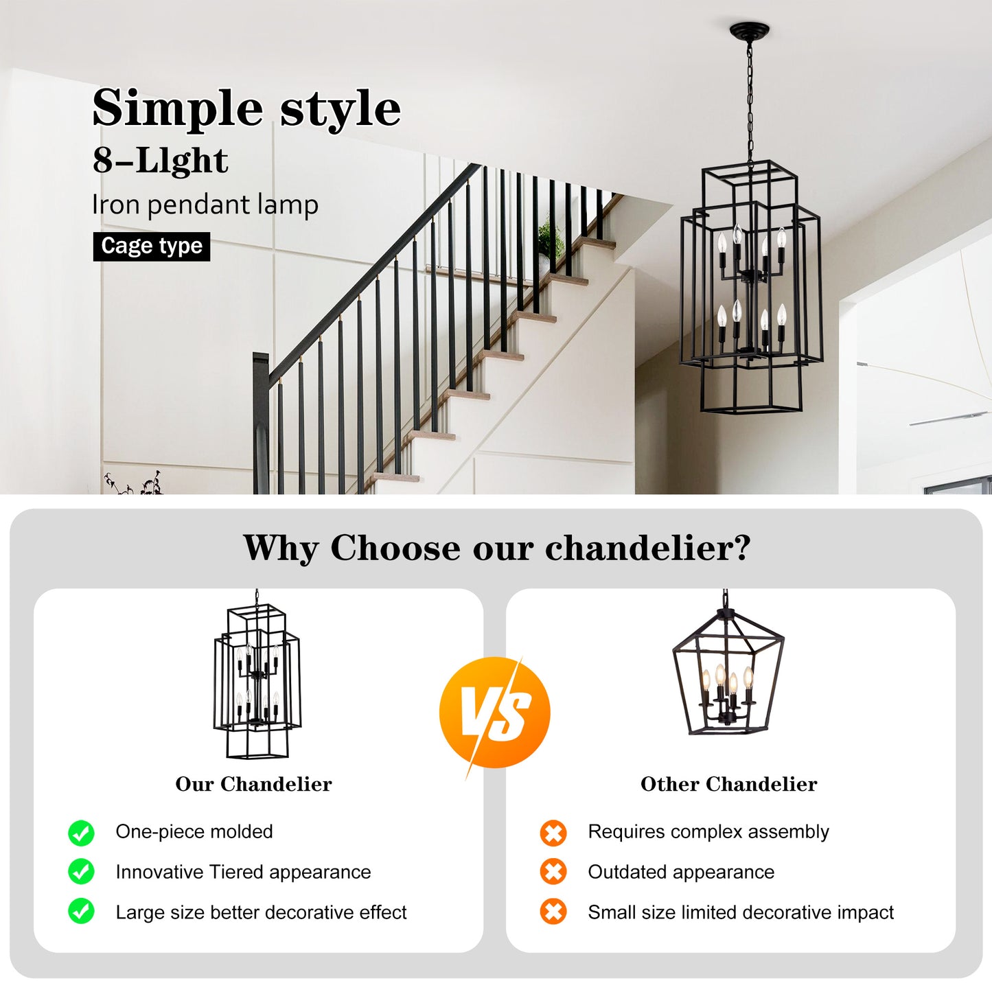US Local 8-Light Metal Lantern Tiered Pendant Hanging Light Fixtures, Industrial Farmhouse Adjustable Height Chandeliers For Dining Room Hallway Foyer Entryway--Matte Black E12 Bulbs Not Included
