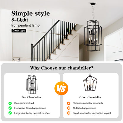 US Local 8-Light Metal Lantern Tiered Pendant Hanging Light Fixtures, Industrial Farmhouse Adjustable Height Chandeliers For Dining Room Hallway Foyer Entryway--Matte Black E12 Bulbs Not Included