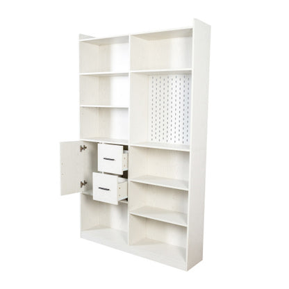 US Local Bookshelf And Bookcase With Pegboard And Drawer, 9 Cubby Display Book Shelves, Modern Wide Wood Shelving Unit For Living Room, White
