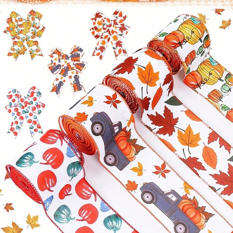 US Local 4 Rolls 20 Yards Thanksgiving Day Fall Autumn Wired Edge Ribbon Pumpkin Leaves Wired Ribbon Gingham Ribbon For Thanksgiving Decorations Party Gift Wrapping Craft DIY Project