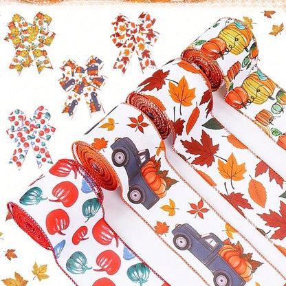 US Local 4 Rolls 20 Yards Thanksgiving Day Fall Autumn Wired Edge Ribbon Pumpkin Leaves Wired Ribbon Gingham Ribbon For Thanksgiving Decorations Party Gift Wrapping Craft DIY Project