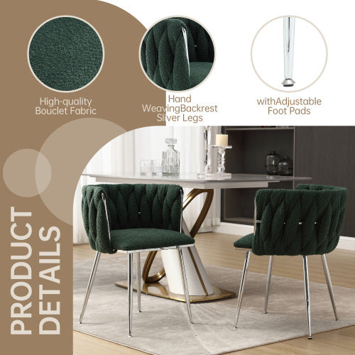 UK Local GOMYWAY Modern Hand Weaving Dining Chairs Set Of 2, Boucle Upholstered Side Chairs With Silver Legs, Kitchen Chairs With Armrest, Accent Chairs, Vanity Chairs For Dining Room Emerald, Set Of 2