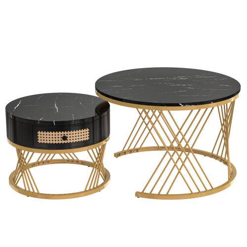 UK Local 2 In 1 Round Coffee Table Made Of MDF With Marble Grain Veneer Top, Rattan Drawers And Solid Wood Handles. Gold Coloured Iron Legs. 70x70x45.5  50x50x38.5cm
