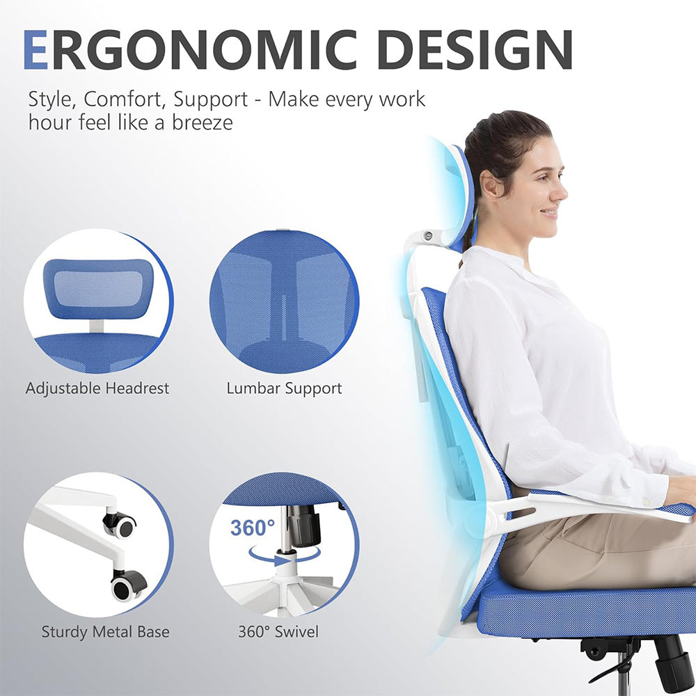 US Local Ergonomic Office Chair, High Back Computer Desk Chair Comfortable Lumbar Support - Home Office Swivel Mesh Chair With Adjustable Headrest And Backrest, Flip Armrests,PU Mute Roller, Blue