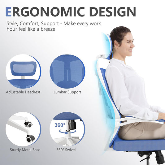 US Local Ergonomic Office Chair, High Back Computer Desk Chair Comfortable Lumbar Support - Home Office Swivel Mesh Chair With Adjustable Headrest And Backrest, Flip Armrests,PU Mute Roller, Blue