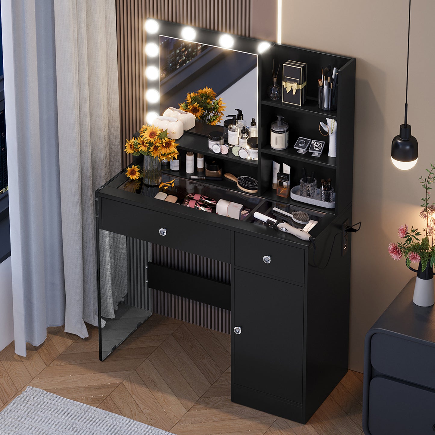 US Local Vanity Desk With Mirror And 3 Lighting Modes, Makeup Vanity With Glass Top And Storage Shelves, Dressing Table With 2 Drawers And Cabinet