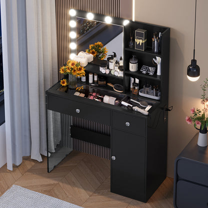 US Local Vanity Desk With Mirror And 3 Lighting Modes, Makeup Vanity With Glass Top And Storage Shelves, Dressing Table With 2 Drawers And Cabinet