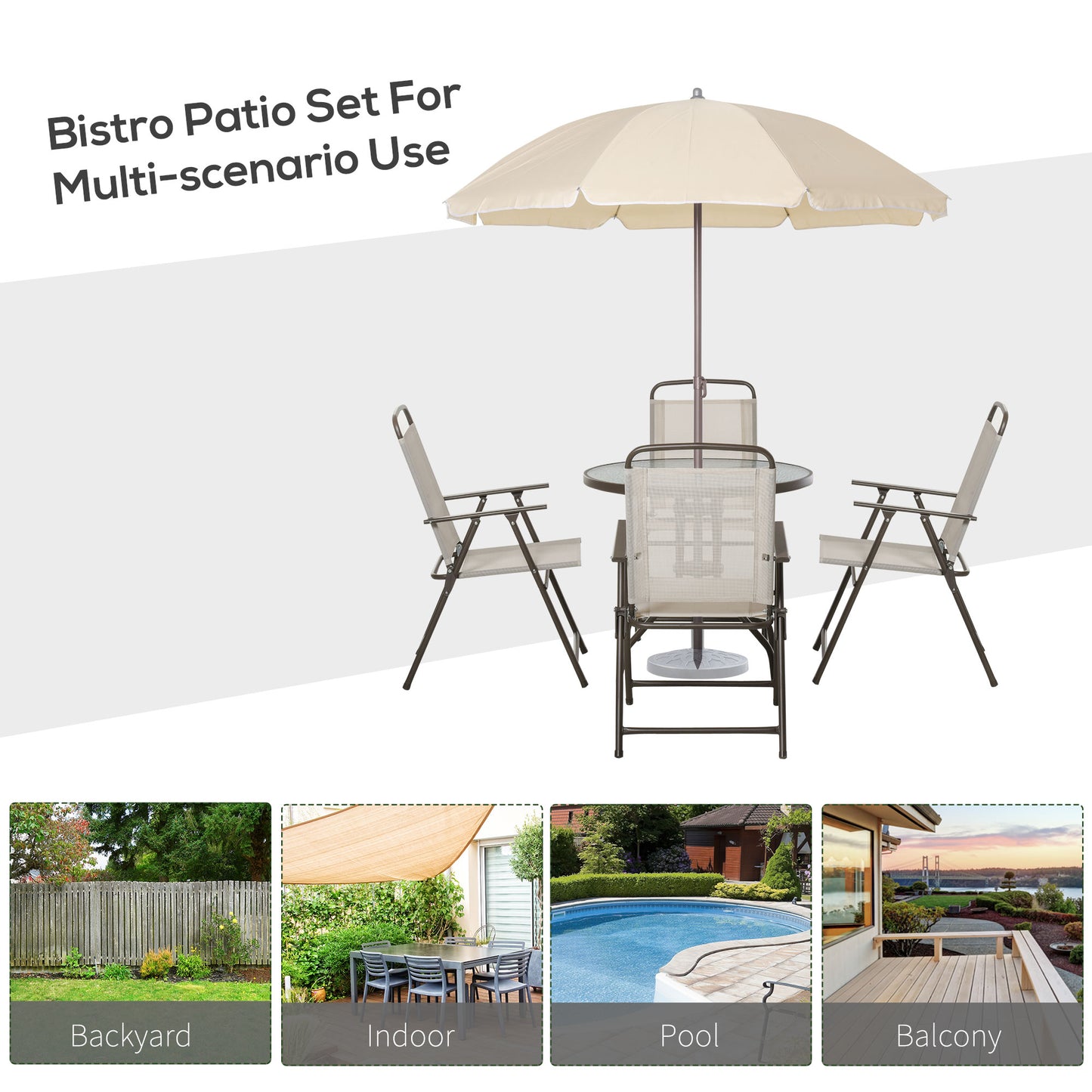 US Local 6-Piece Patio Dining Set With Umbrella, Folding Chairs & Glass Table, Beige - Outdoor Meal Setup