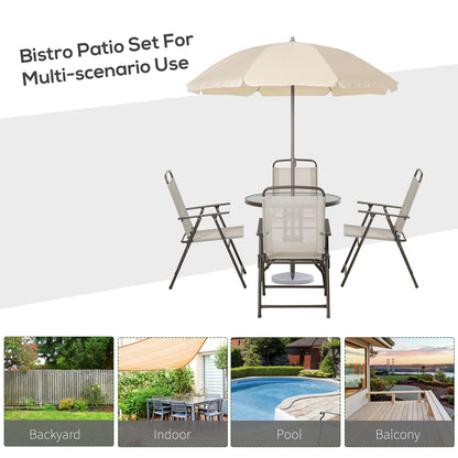 US Local 6-Piece Patio Dining Set With Umbrella, Folding Chairs & Glass Table, Beige - Outdoor Meal Setup