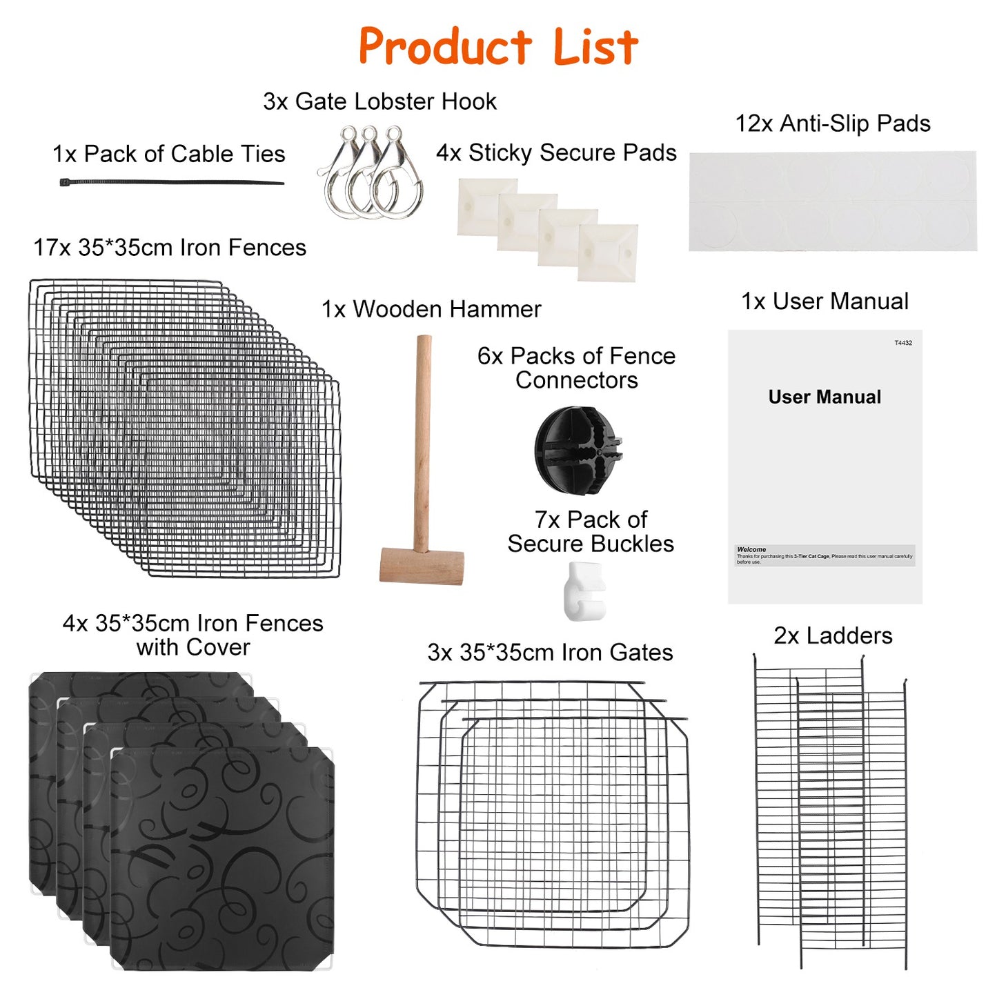 US Local 3 Tier Cat Playpen Cage Metal Indoor Cat House Detachable Kitten House With 3 Doors 2 Ladders Large Cat Exercise Place For 1-2 Cats Black