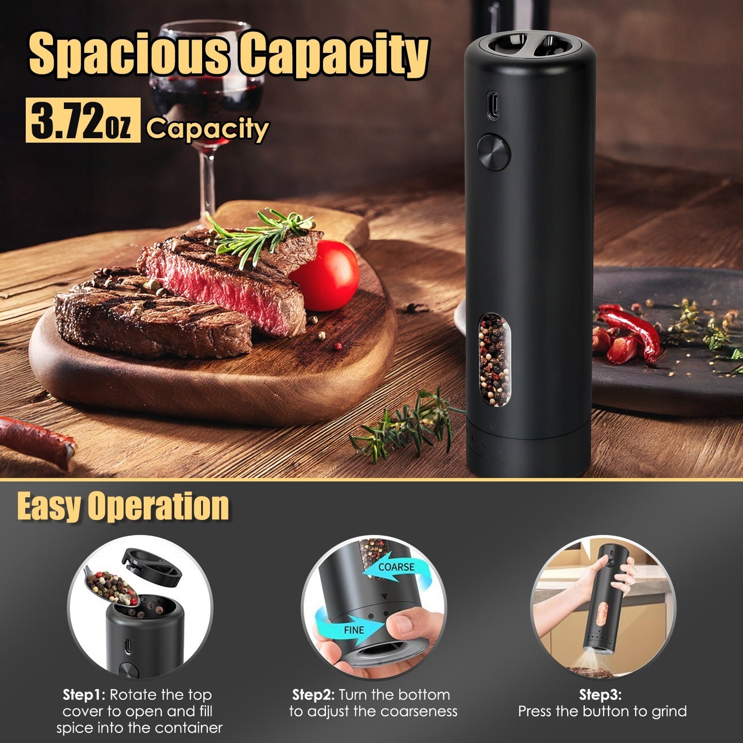 US Local 1Pc  Electric Pepper Grinder USB Rechargeable Pepper Mill Automatic Salt Grinder With 6 Adjustable Coarseness LED Light 110ML Container One Hand Operation For Kitchen Essential