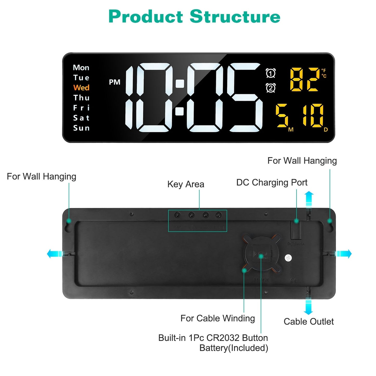 US Local 15.7in LED Digital Wall Clock With Remote Control 10 Level Brightness 3 Alarm Settings 12-24Hr Format Timing Countdown Temperature Calendar Display Decorative Clock For Office Home