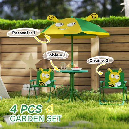 US Local Kids Picnic Table And Chair Set, Outdoor Activity Table With Foldable Chairs, Height Adjustable Umbrella, Green
