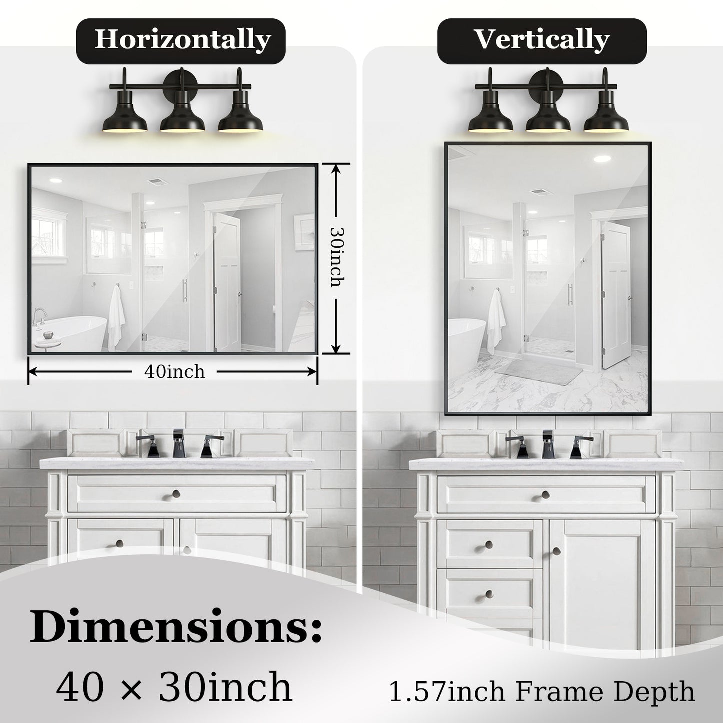 US Local 40x30 Inch Glossy Black Bathroom Mirror Wall Rectangular Vanity Mirror