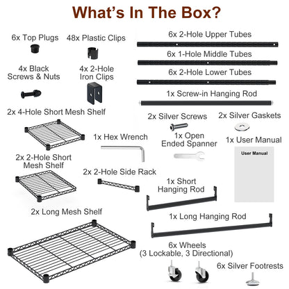 US Local 1Pc 4 Tier Heavy Duty Garment Rack With Wheels Carbon Steel Clothing Rack Portable Wardrobe Clothes Rack With 3 Hanging Rods 6 Footrests 44.9x17.13x77.95in