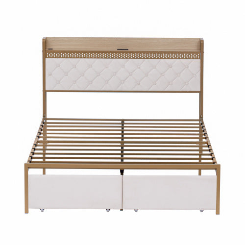UK Local 4ft6 Double Bed Frame With 2 Storage Drawers, RGB LED Storage Headboard With Charging Station, Velvet Bed Frame, With Chrome Decoration, No Box Spring Needed, Easy Assembly, Beige