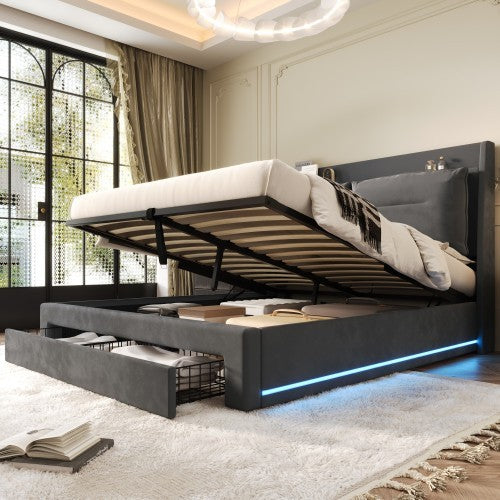UK Local Upholstered Bed, 135x190  4ft6, Double Bed, Hydraulic Bed, 2-in-1 Storage Drawers At The End Of The Bed, Recessed LED Light Strips On Both Sides Of The Bed, Slatted Frame, Velvet,Dark Gray