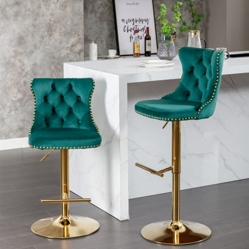 US Local Golden Swivel Velvet Barstools Adjusatble Seat Height From 25-33 Inch Green,Set Of 2