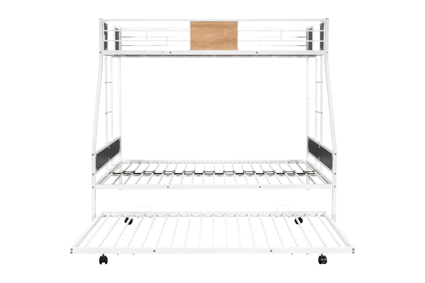 US Local Metal Double Bunk Bed With Rollers Heavy Duty Sturdy Metal Noise Reduction Safety Barrier Wood Trim