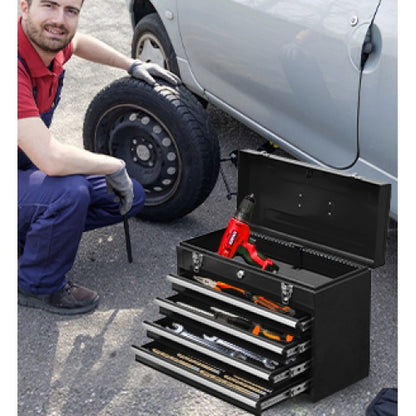 US Local Metal Tool Box With 4 Drawers Portable Steel Tool Chest With Metal Cylinder Lock And Latch Closure, Liner, Powder Coating, Suitable For Garage, Warehouse And Outdoor Repair Job-Black