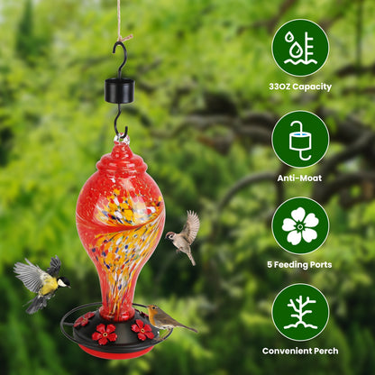 US Local 1Pc Glass Hummingbird Feeder 33OZ Hand Blown Hummingbird Feeder With 5 Flower Feeding Port Perch Ant Moat Hanging Hook S Hook Hemp Rope Cleaning Brush For Garden Decor